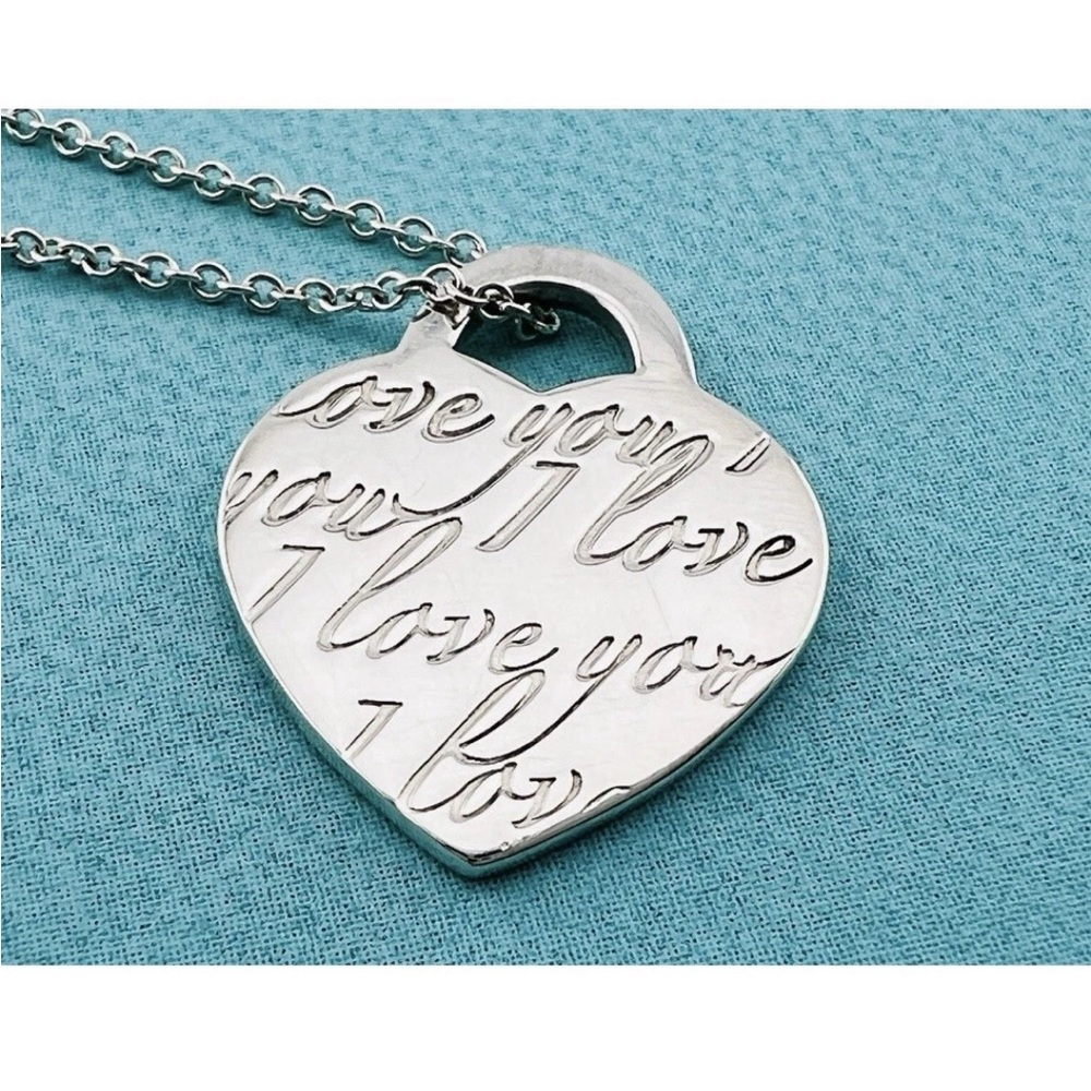 Tiffany & Co 💯% Auth ‘I Love You’ Notes Engraved Heart Necklace🩵 w/Pouch 🩵 - Picture 2 of 5